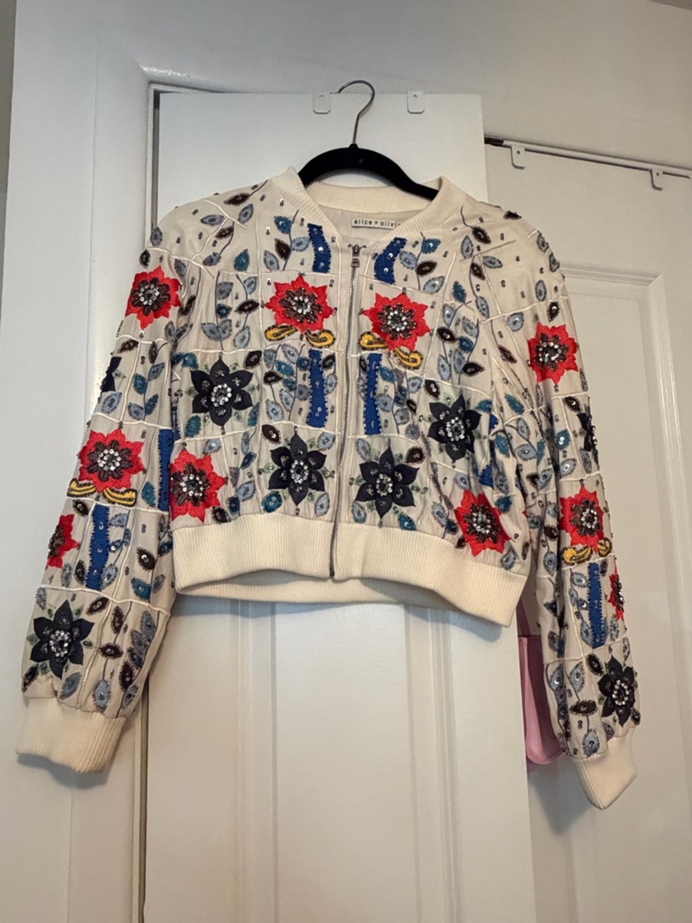Alice + Olivia Cream Embroidered Floral Zip Bomber Jacket